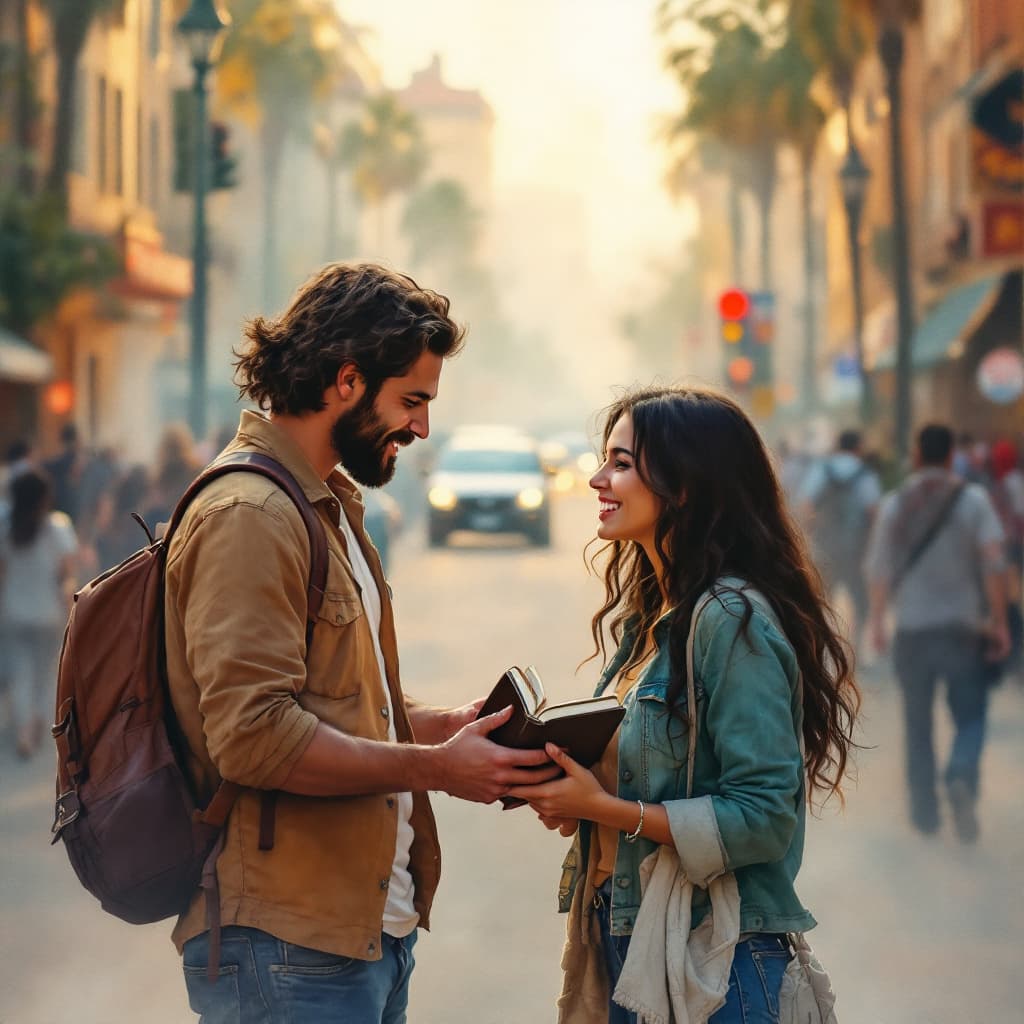 AI generated: A highly detailed, photorealistic watercolor painting depicting a young white man and white woman ev...