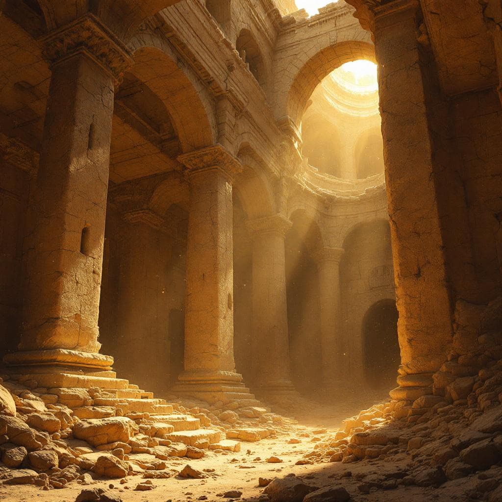 AI generated: An ancient library hidden beneath a desert ruin, golden light filtering through cracked stone ceilin...