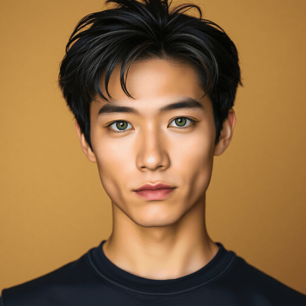 AI generated: In this vivid portrait, a young man of Korean-Caucasian descent stands confidently, his presence nea...