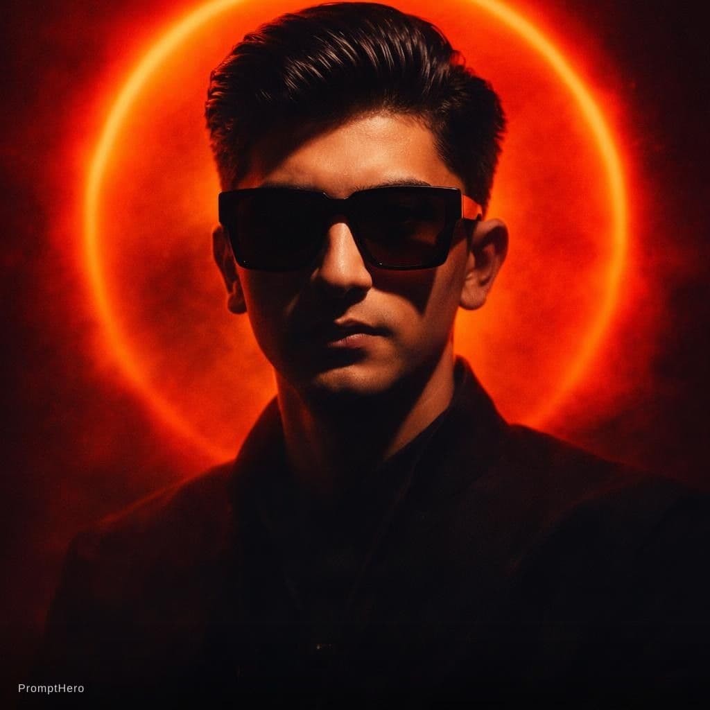 AI generated: A person with slicked-back dark hair wearing oversized square sunglasses is shown in a dramatic, cin...