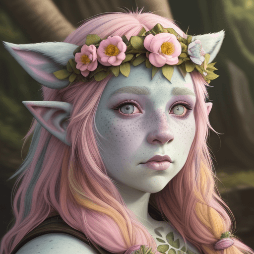 AI generated: Firbolg, female, pastel colors, druid, hyper realism, high Detail, freckles, dungeons and dragons, h...
