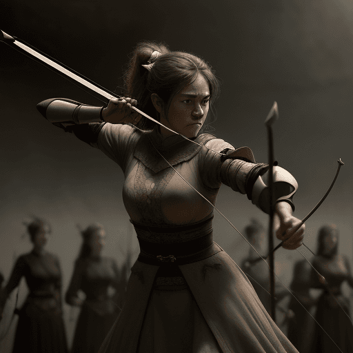 AI generated: women archers with bows, in the style of historical reimagining, cinematic montages, dark & explosiv...