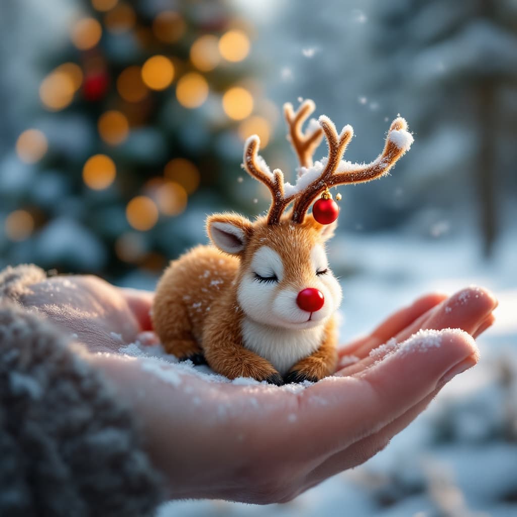 AI generated: A small reindeer with a shiny red nose sleeps, barely visible in the palm of your hand, with tiny ba...