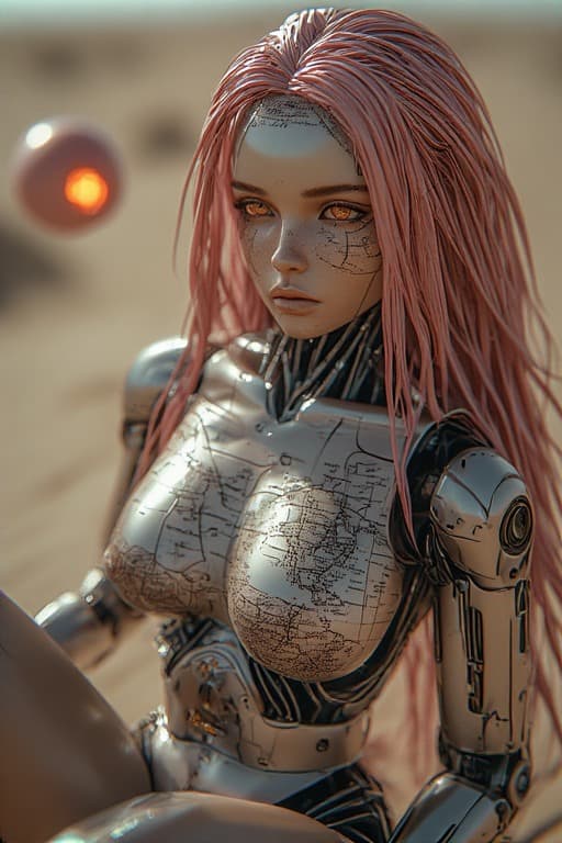 AI generated: A futuristic cybernetic female warrior with long flowing pink hair, standing in a desert landscape u...