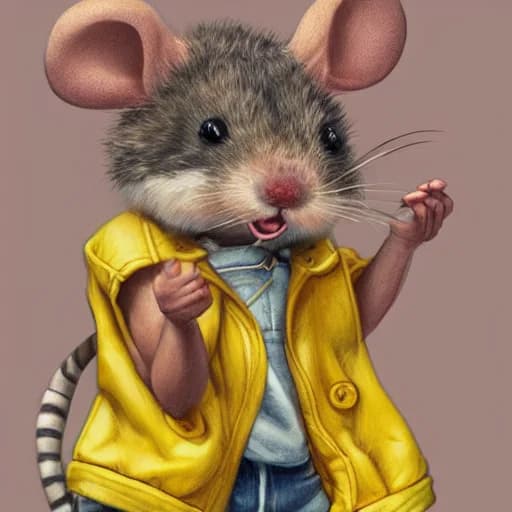 AI generated: anthropomorphic mouse wearing denim short shorts and yellow tank top, short blond fur, highly detail...