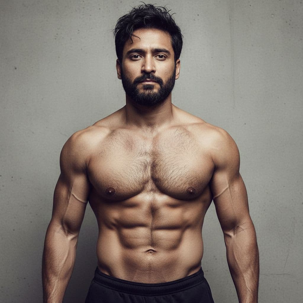 AI generated: 1boy solo, mature man, Jang Ho-joong, shirtless, muscular, hairy chest, shorts, stubble, facial hair...