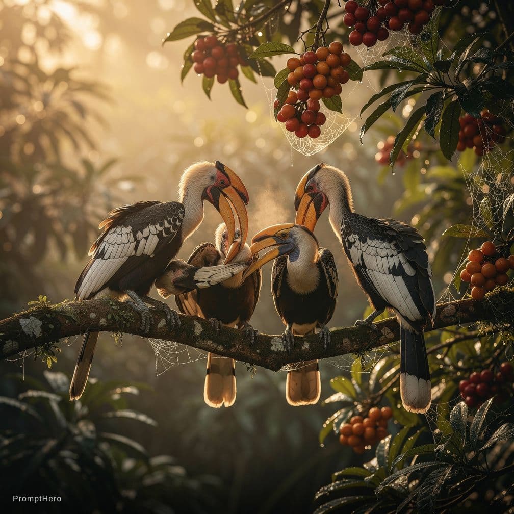 AI generated: hornbills perching early in the morning near fruit trees, groomed and tended to each other in an alm...