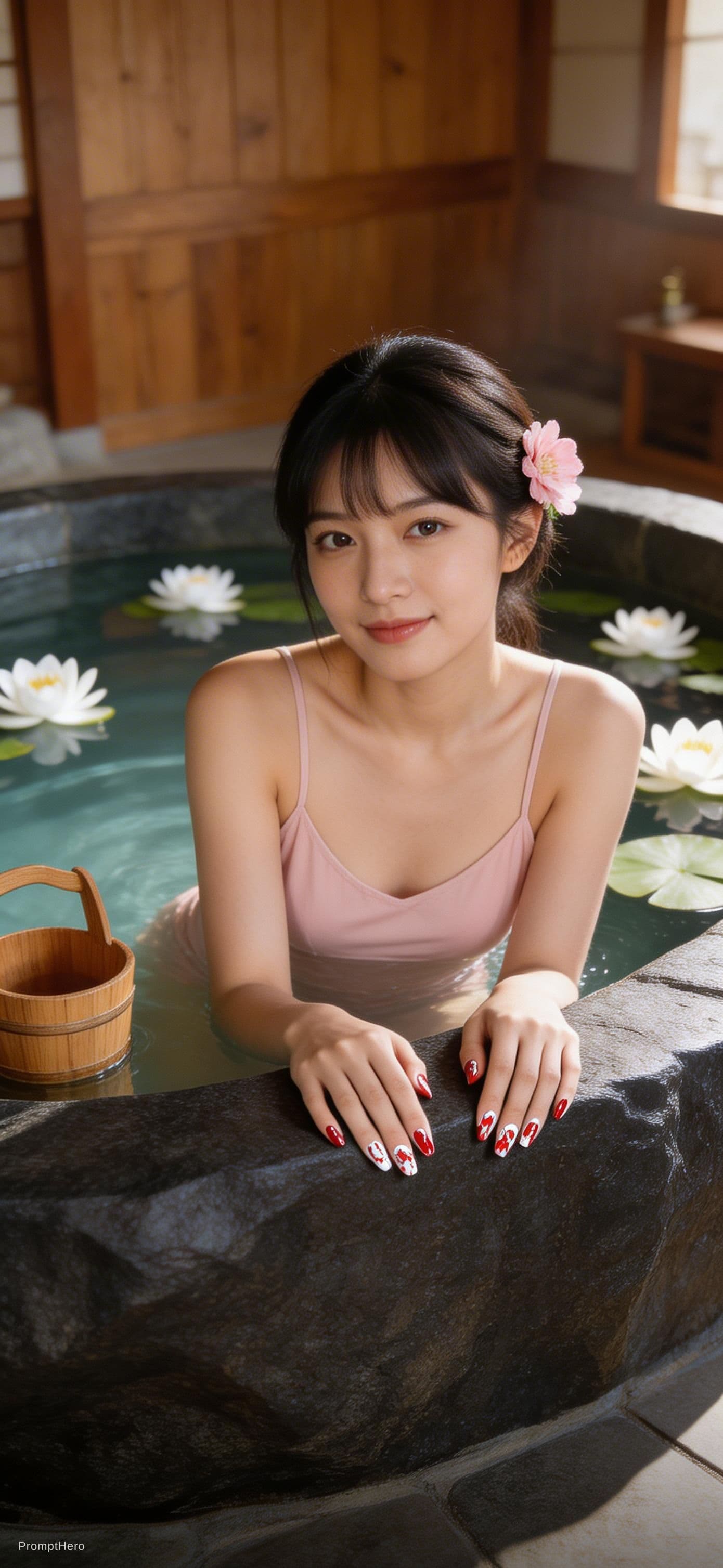 AI generated: A high-quality, photorealistic portrait of a beautiful young Asian woman soaking in a large, dark ru...