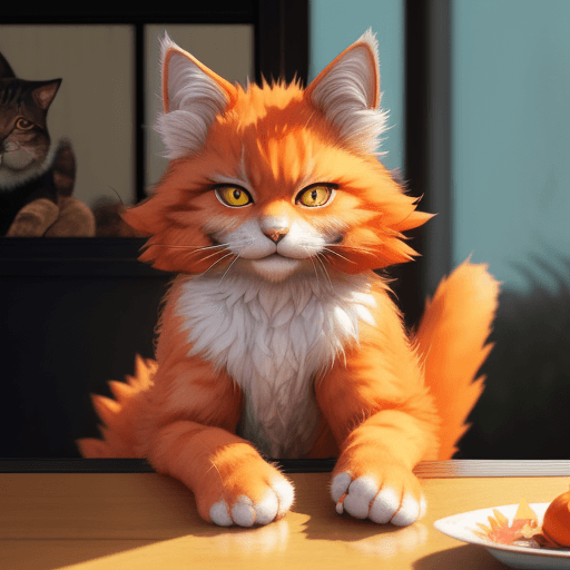 AI generated: furry art, uploaded on e621, furry, feral, cat, at the table, blue top, japanese background, voluptu...