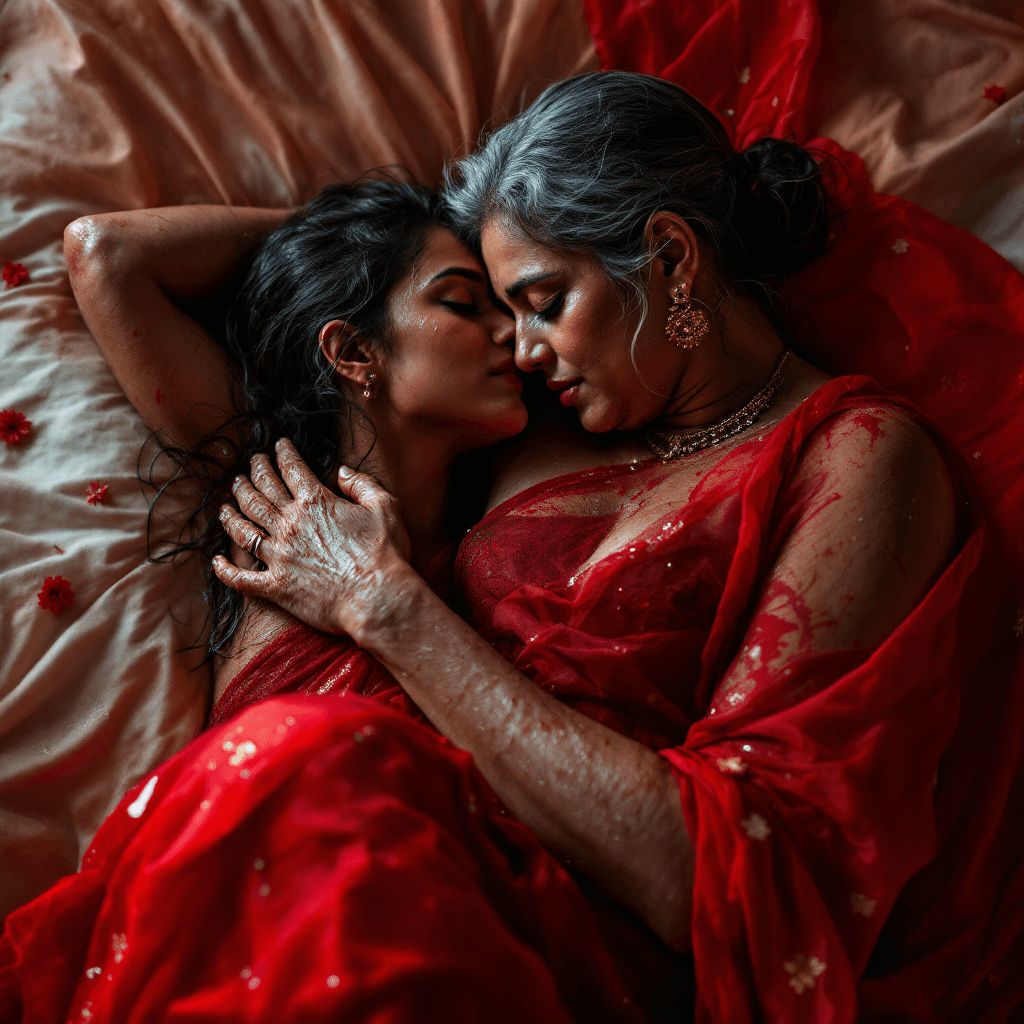AI generated: Transparent Red wet oily saree Indian woman, without blouse and undergarments, tight, sleeping on ed...