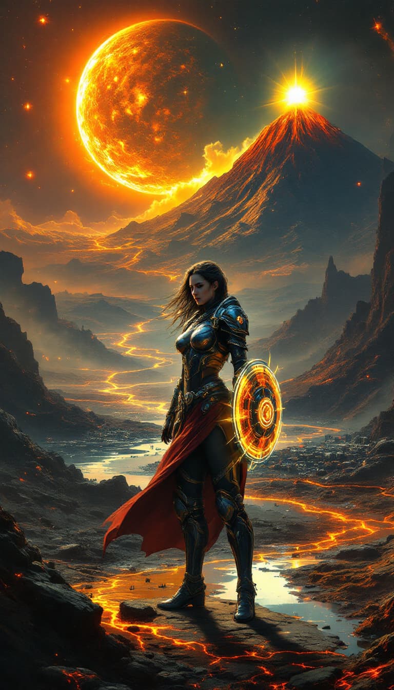 AI generated: Hyper-realistic painting, a woman positioned center in the composition, wearing an ornate, battle-re...