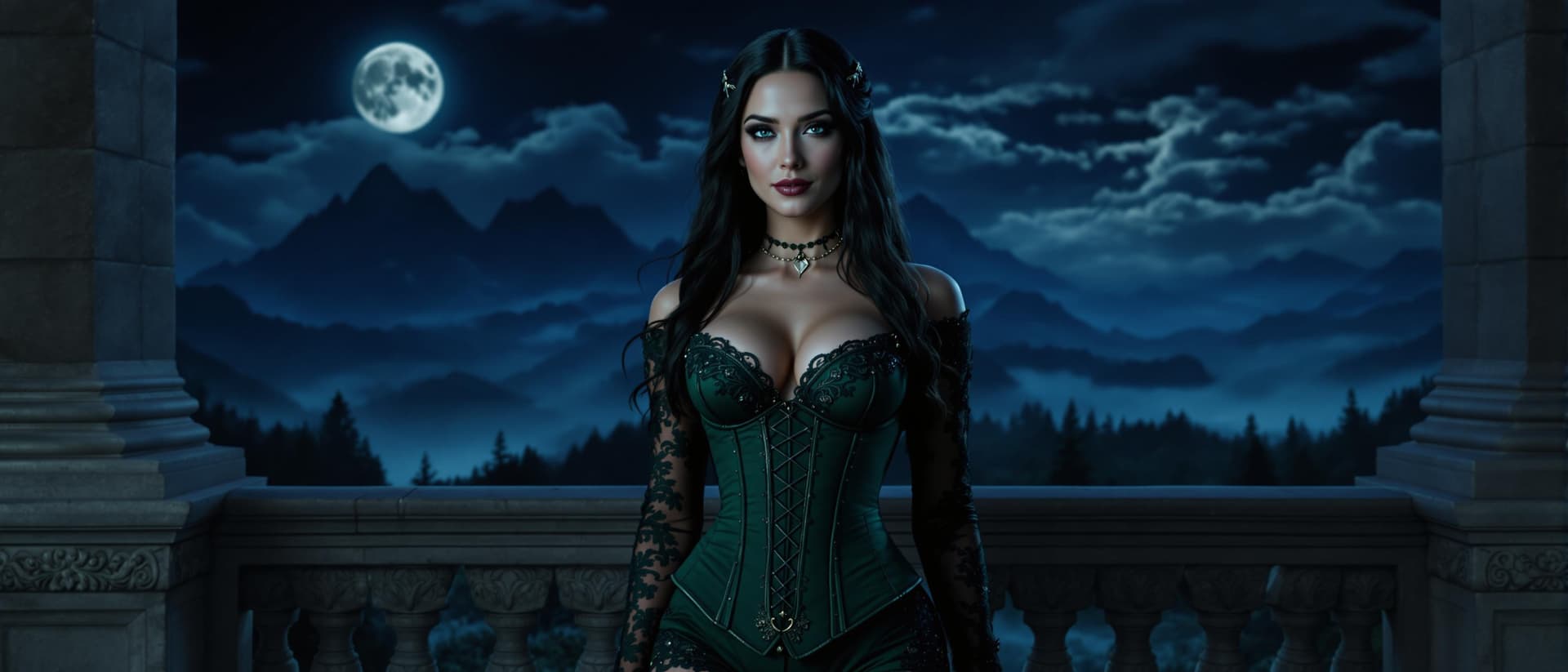 AI generated: "A cinematic portrait of Alina Dreymore, a mysterious noblewoman in her early thirties, standing con...