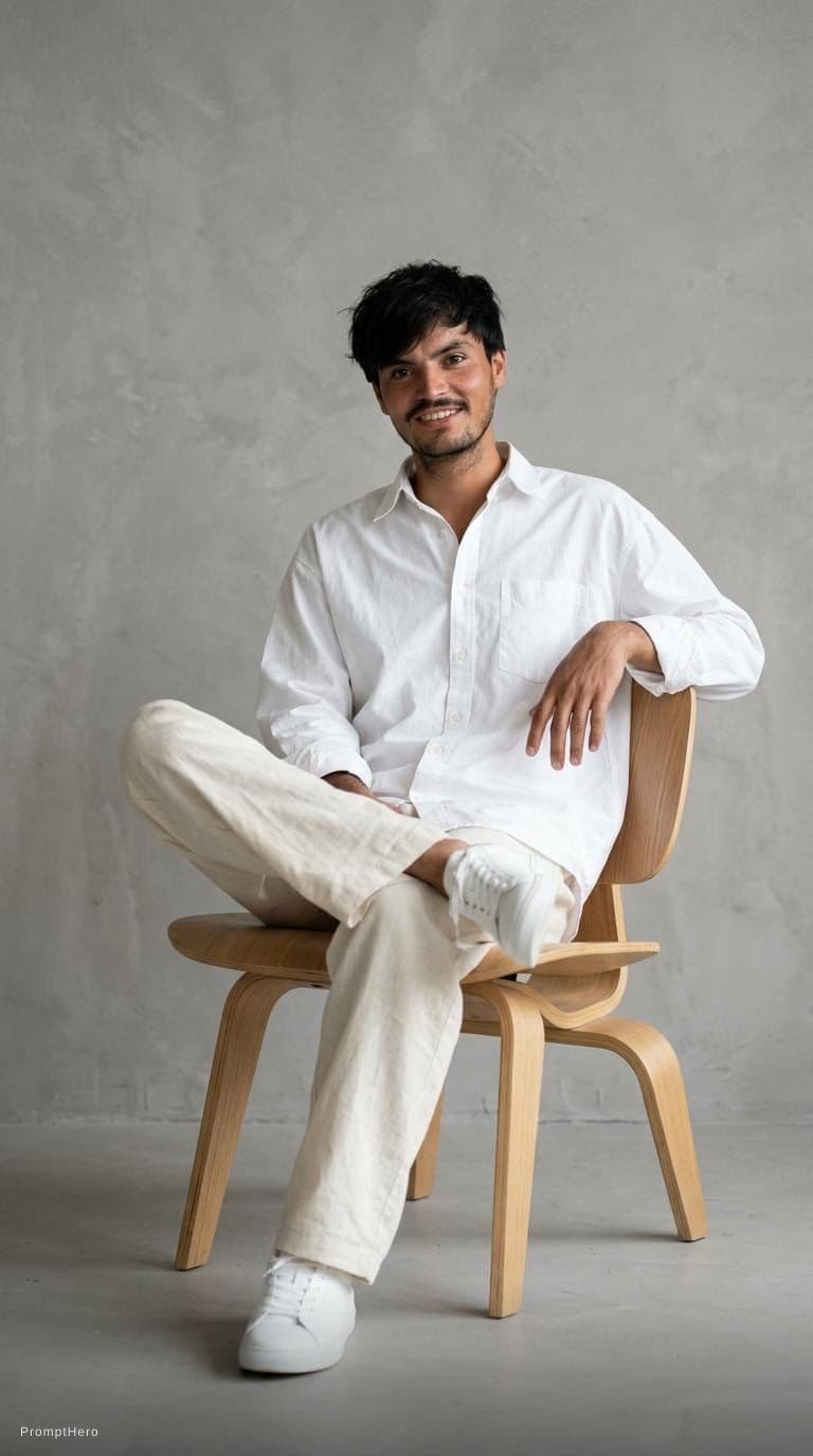 AI generated: Handsome young South Asian man sitting casually on a stylish wooden chair in a modern minimalist stu...