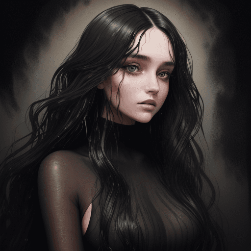 AI generated: a beautiful young woman in black with long hair, in the style of textural layers, reefwave, light br...