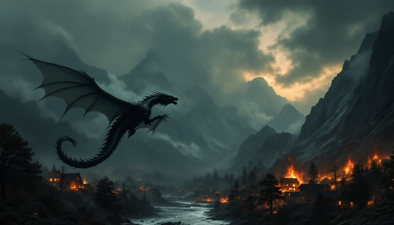 AI generated: a dramatic scene of a dragon flying over a burning village, set against a backdrop of towering mount...