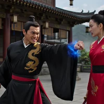 AI generated video: Chinese cultivation type fighting, 2 characters, fighting for 30 seconds