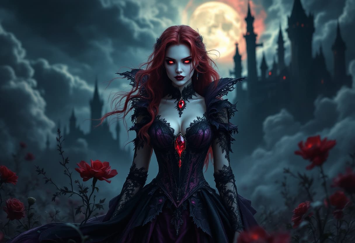 AI generated: A Female figure stands in a dark, gothic landscape, exuding an aura of mystery and power. Clothed in...