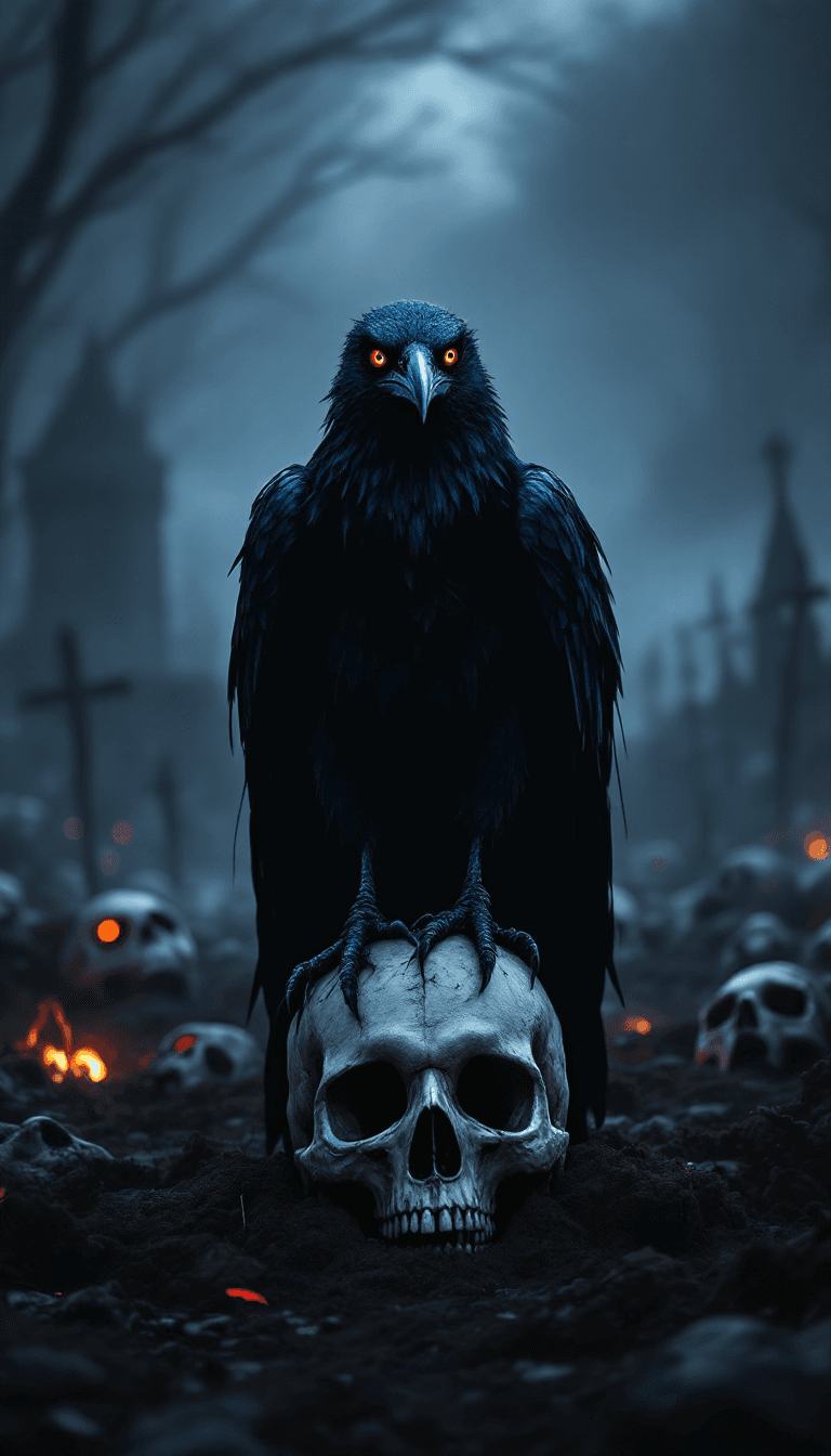 AI generated: A black raven with 6 red eyes looking at  viewer, standing  on skull, black feather, on  medieval ba...