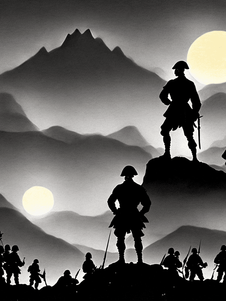 AI generated: A courageous general stands tall on a large rock, giving an inspiring war speech to his soldiers bef...