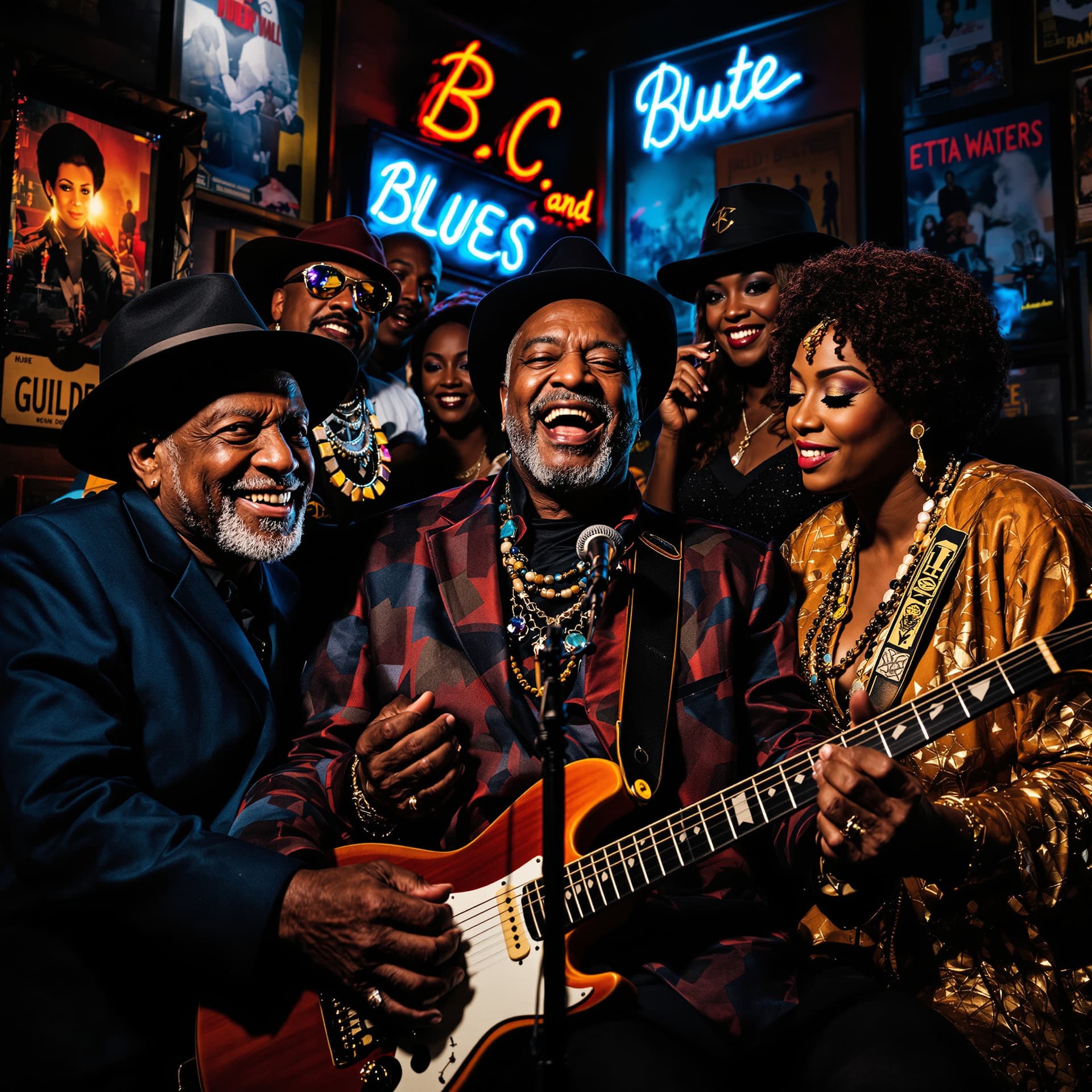 AI generated: A dynamic group portrait featuring iconic real blues legends such as B.B. King, Muddy Waters, and Et...