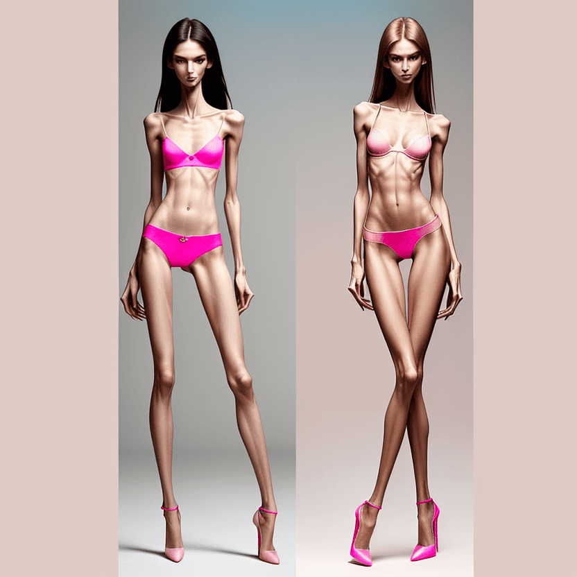 AI generated: photo of two an extremely skinny, flat-chested model with extreme long and skinny legs in an extreme...