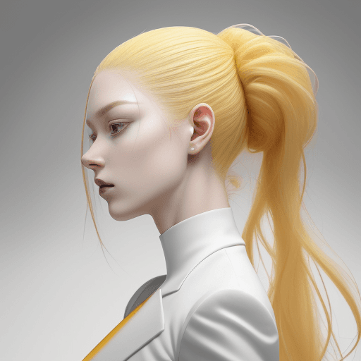 AI generated: photorealism, surreal portrait of a woman, side view, her head dramatically titled yellow against a ...