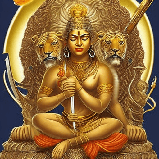 AI generated: Goddess Uma sits on a lion or tiger. By emphasizing a beautiful and sharp face, treasure hunter char...