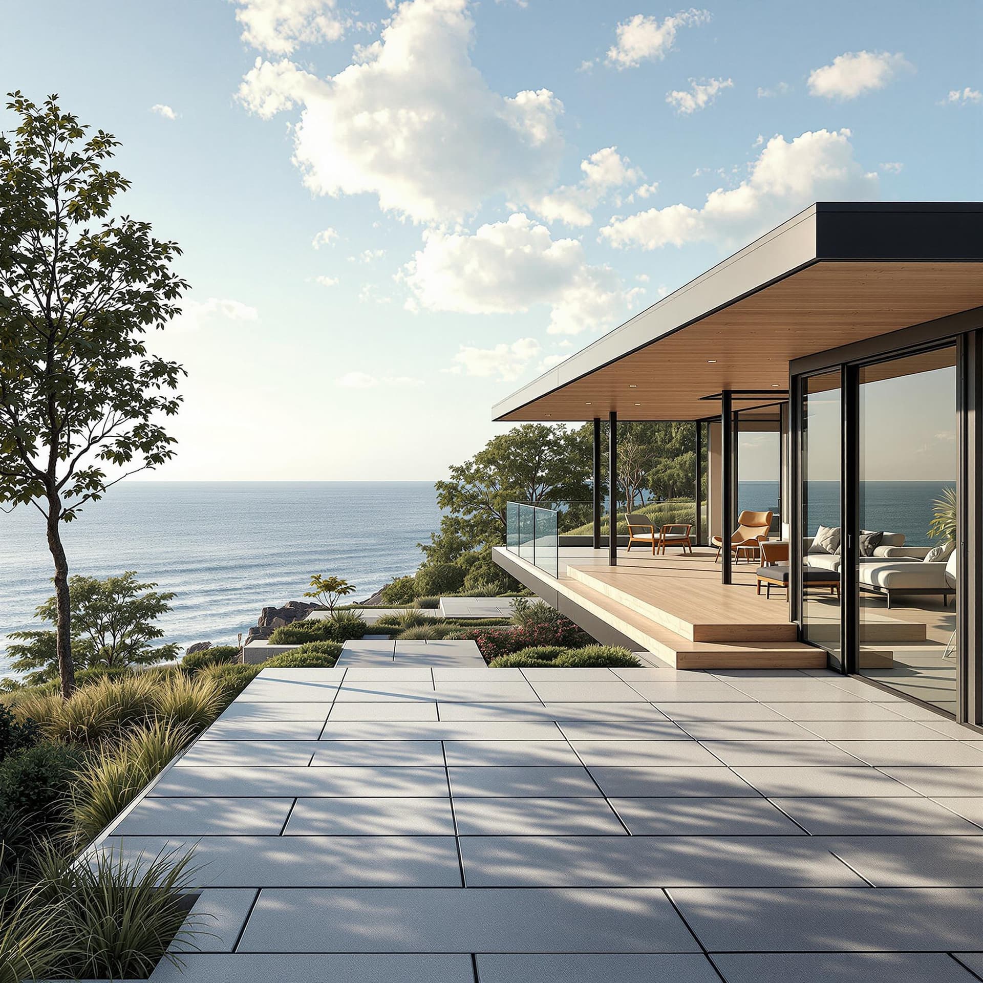 AI generated: Hyper realistic eye level exterior photo of a mid century modern style house overlooking the ocean, ...