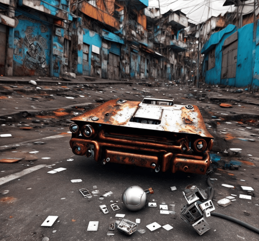 AI generated: a  lost  rusted white big robot  is dead. It is lying on its back on  the ground in the street in a ...