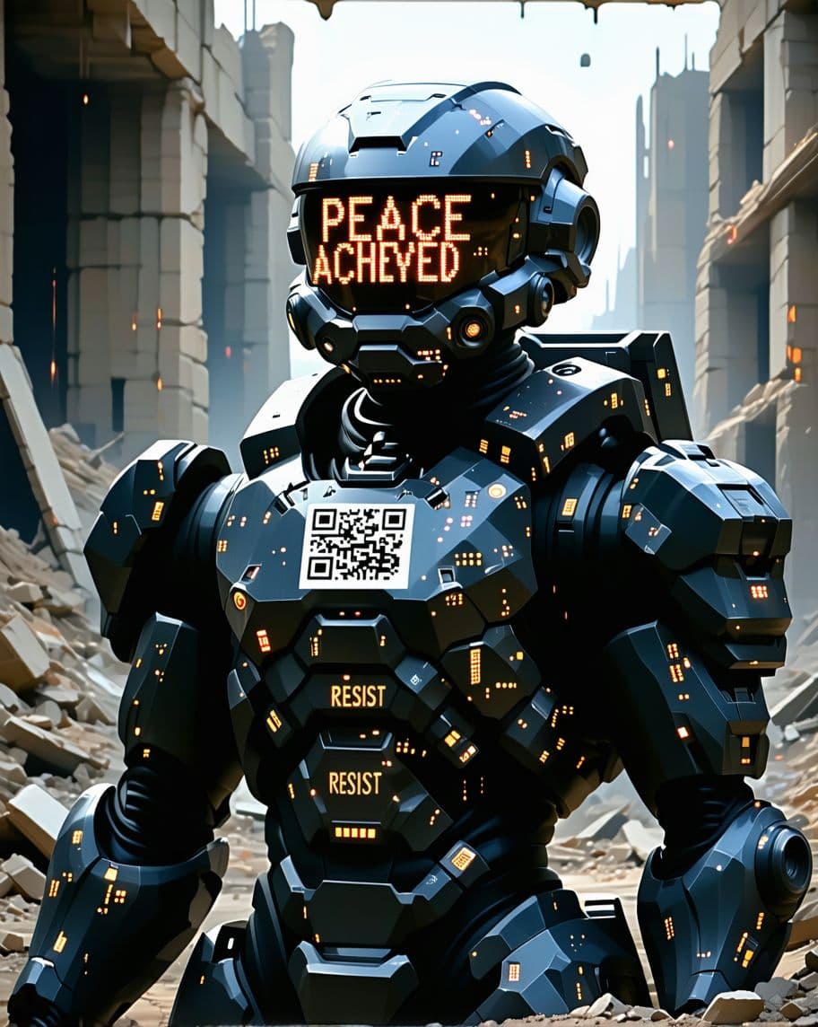 AI generated: A soldier in full augmented armor stands before a ruined city, their visor displaying a looping mess...