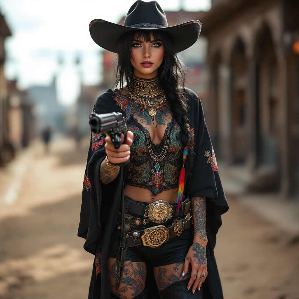 AI generated: Full body photo HD beautiful Mexican girl standing in an old west street, wearing a black Stetson wi...
