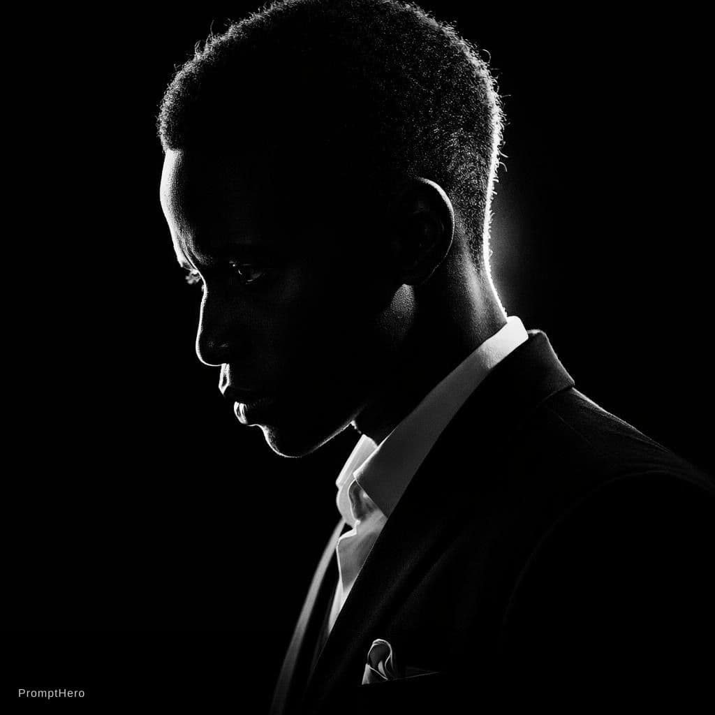 AI generated: A dramatic black and white profile portrait of a man, intense rim lighting, deep shadows, cinematic ...
