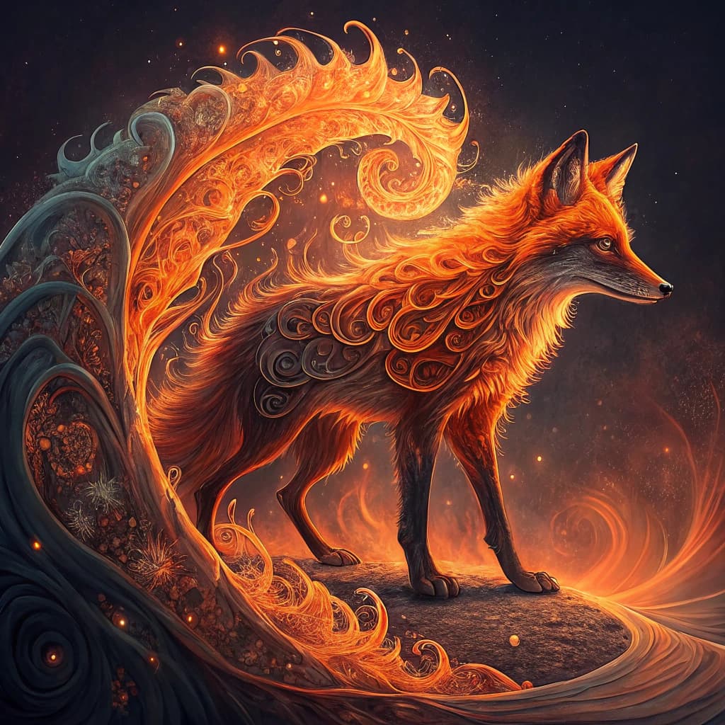 AI generated: A highly detailed artistic fibonacci render of a fox made of orange fire, ferrofluid, psychedelic

