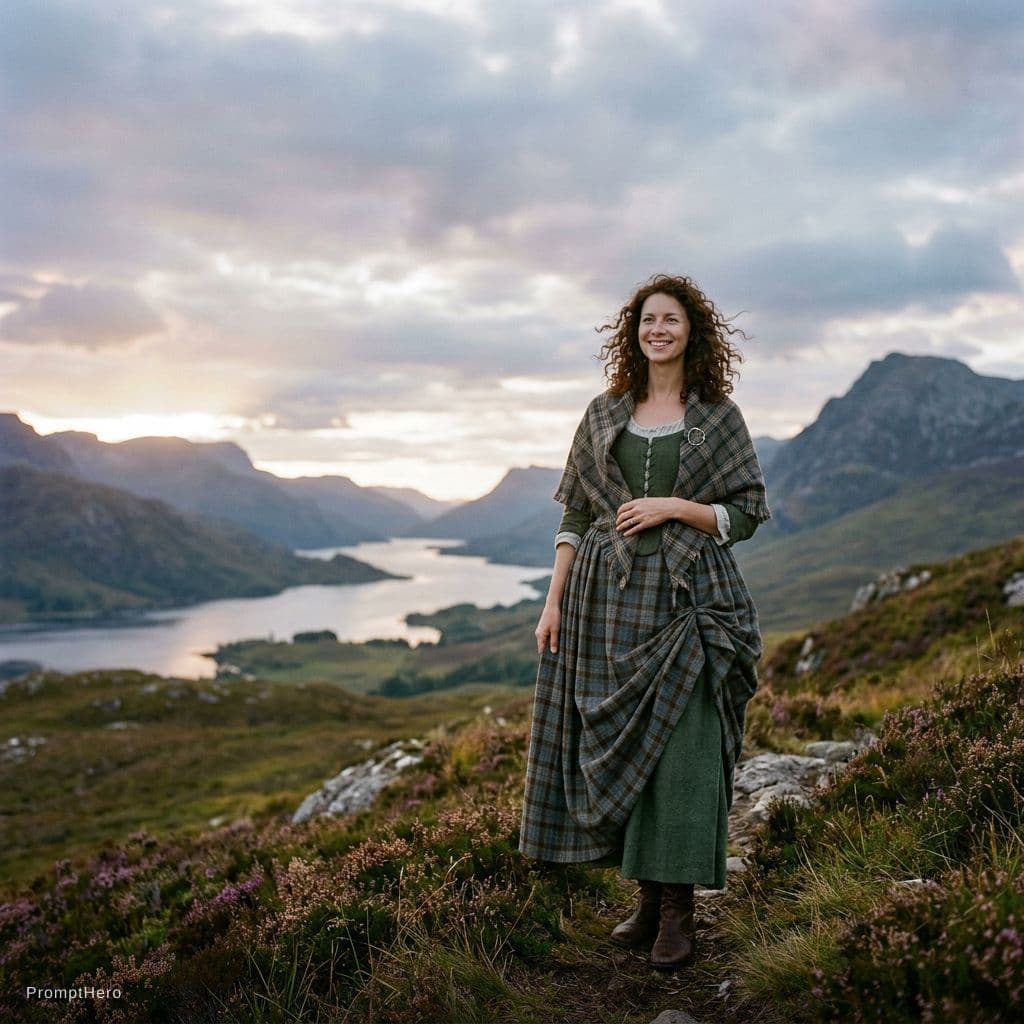 AI generated: Me gustaría generar un retrato de Claire Fraser de la serie outlander en un paisaje de las Tierras A...