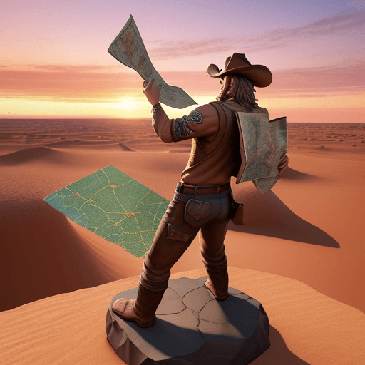AI generated: A 3D sticker featuring a cowboy holding a map, heading towards a hidden treasure in the desert, with...