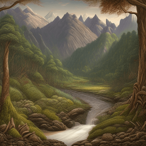 AI generated: /imagine A fantasy forest with a river and mountains in the background --seed 12345

