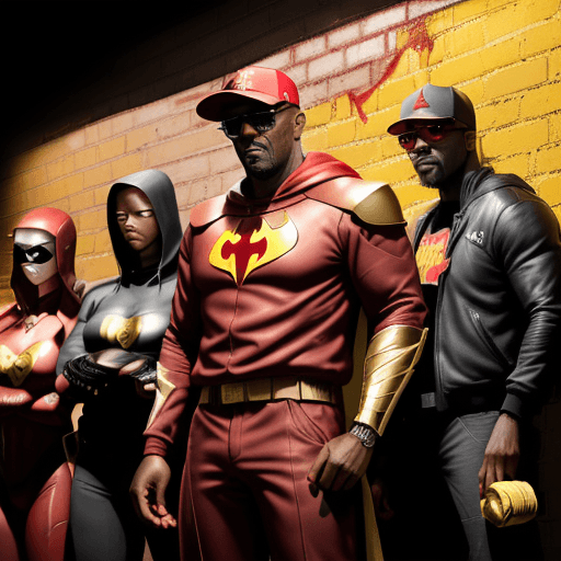 AI generated: IDRIS ELBA  with a red baseball cap backwards, sunglasses, in a red metallic dark knight armour suit...