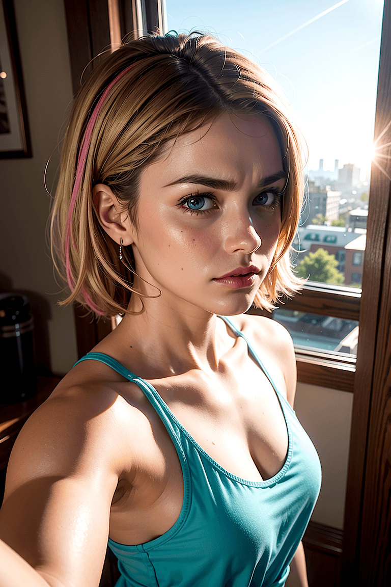 AI generated: A selfie portrait of a beautiful blond girl, dark blonde hair ((chanel style)) with pink highligts. ...