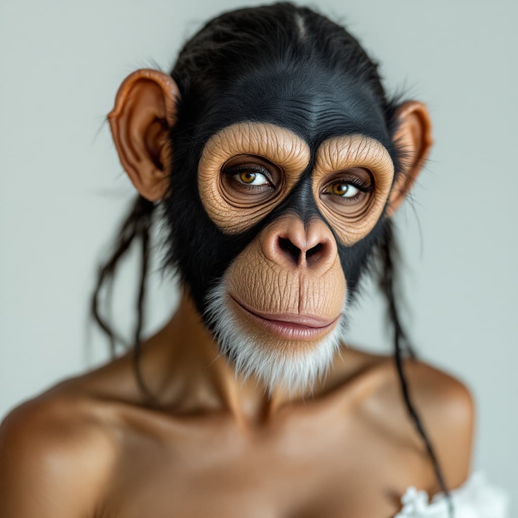 AI generated: photo portrait of a woman wearing a chimpanzee mask, in the style of white, looking at camera, front...