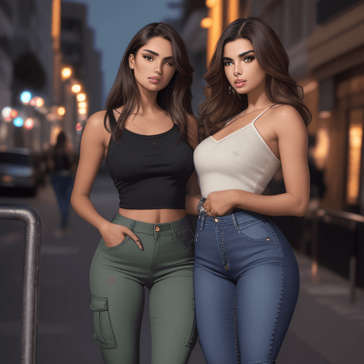 AI generated: Photo of beautiful latin models , in a top,  
 and fashion wide jeans with  cargo pockets with brune...