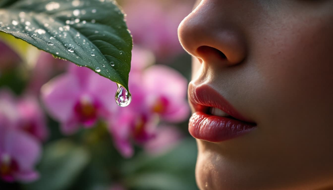AI generated: Prompt: Insert of a dewdrop sliding down a leaf, camera cutting to the man’s lips moving in silent p...