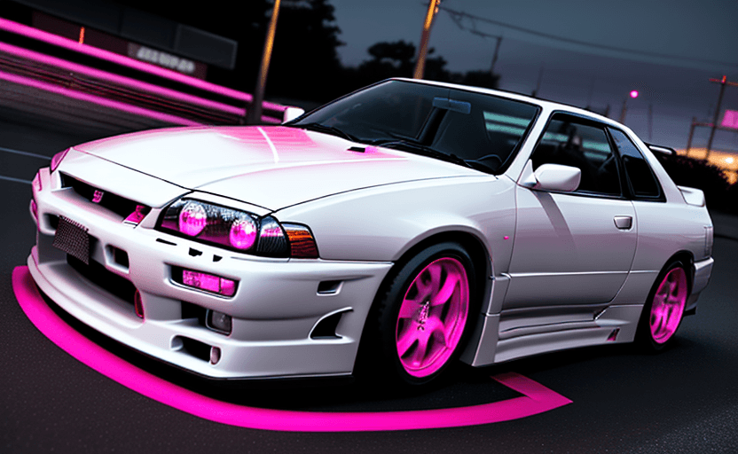 AI generated: white Nissan Skyline R33 GTST with neon light accents, cinematic view, pinkish red headlights, and u...