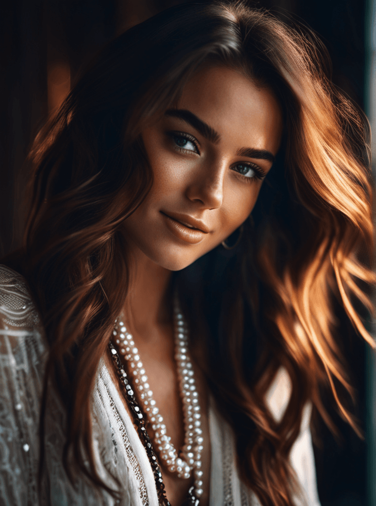 AI generated: Realistic 8K portrait: A young Smiling Freckles  brunette, green eyes, wind-blown long hair, pearl n...