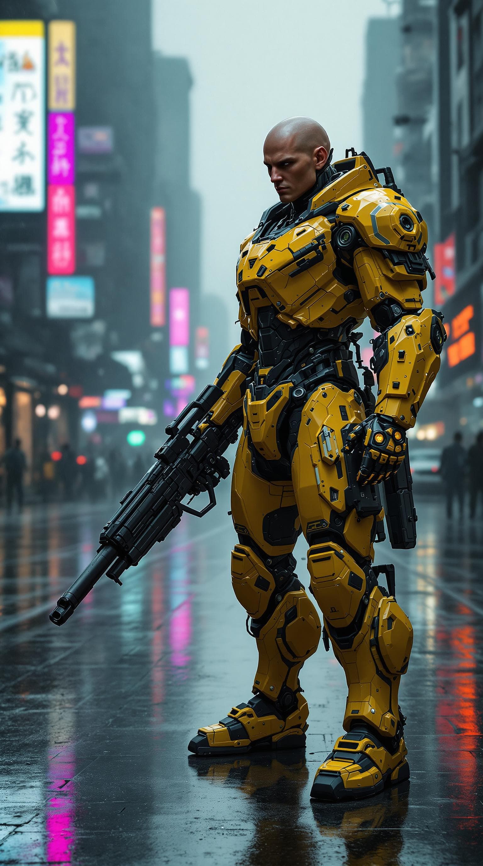 AI generated: Yellow and black , cyber, 8k, ultra realistic, cyborg, transhumanism, futuristic, warrior, bald head...