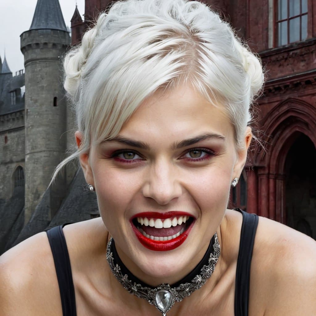 AI generated: epic realistic, young model Helena Christensen as a vampire girl, (razor-sharp teeth:2), (fangs in b...