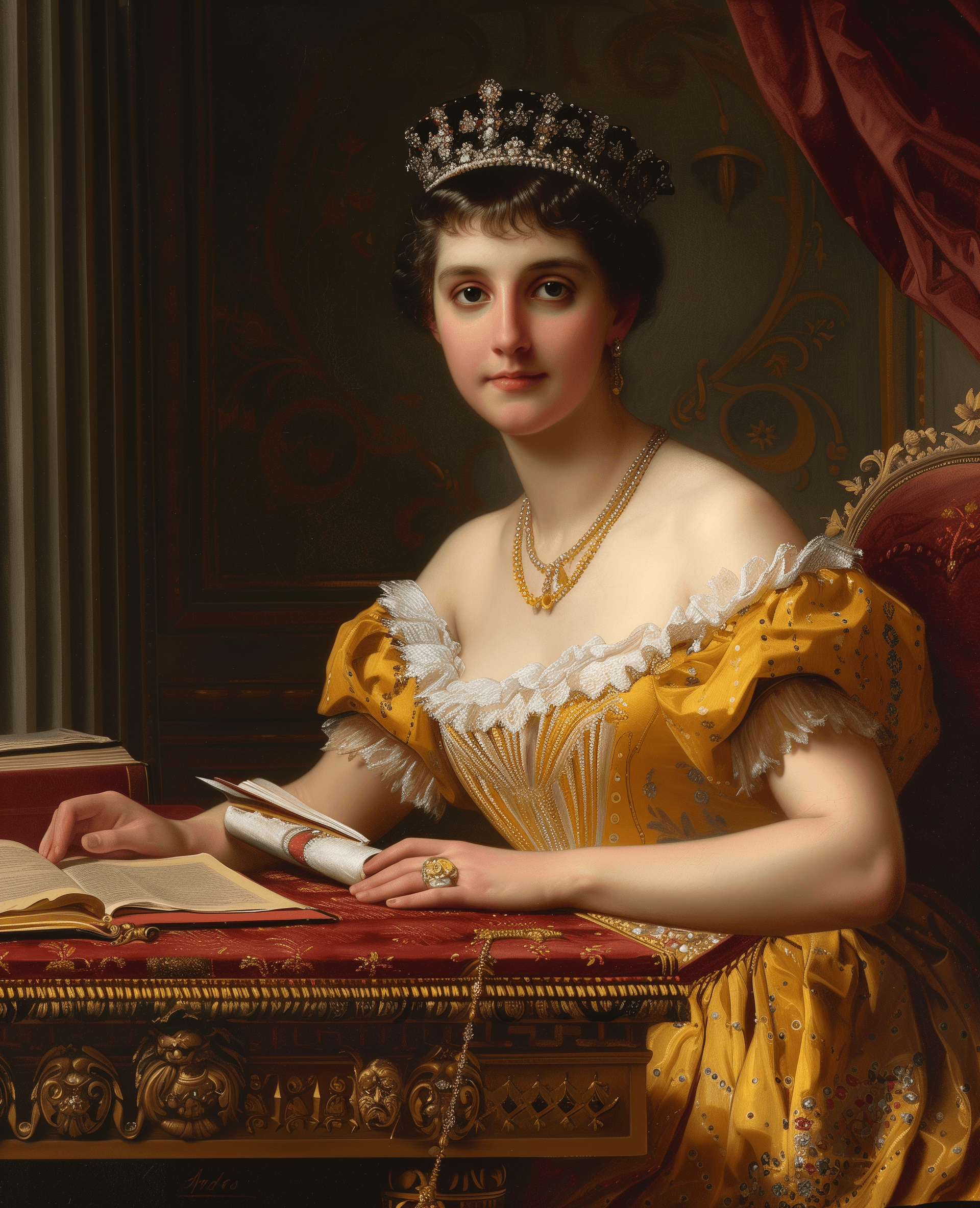 AI generated: Portrait of young Queen Blanche of Sname in the style of WilliamAdolphe Bouguereau, she is sitting a...