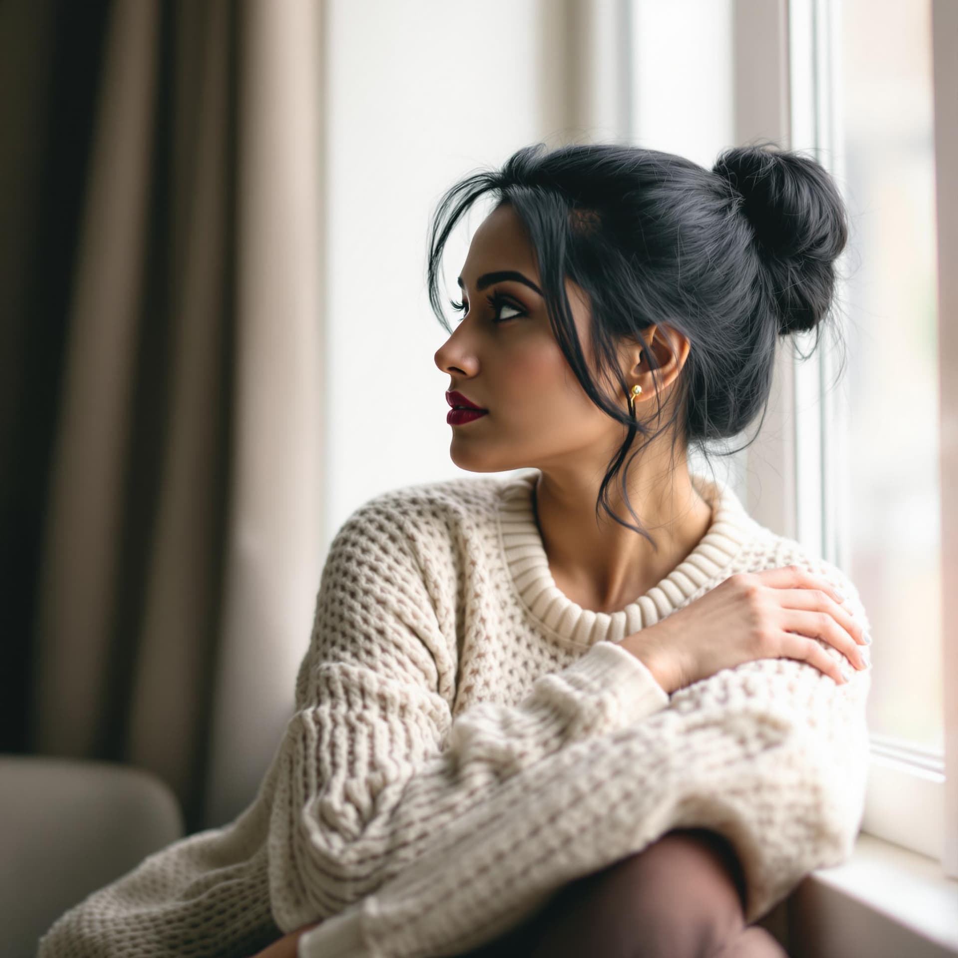 AI generated: A Indian woman sitting by a window in a side profile pose, gazing outside with a pensive expression....