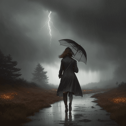 AI generated: Autumm is here. Windy, light rainy, a woman with an umbrella is wandering through the landscape, atm...