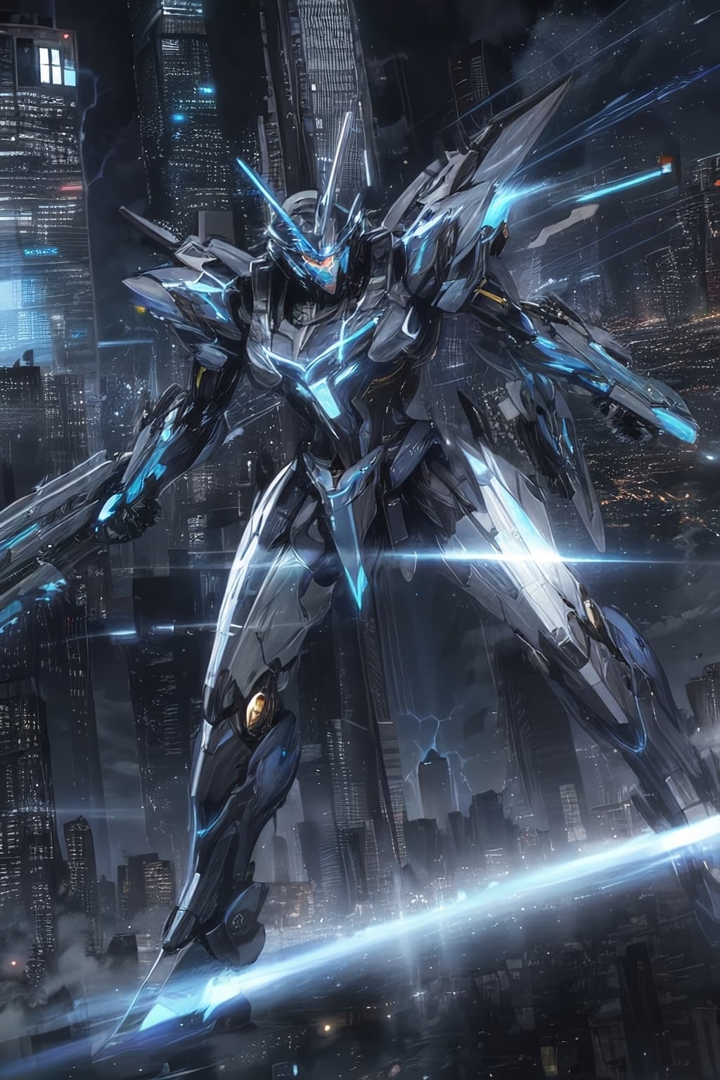 AI generated: blue and black,<lora:0.7>,Glowing particles,lightning,thunder,electric,(mecha),<lora:0.7>,(Urban bac...