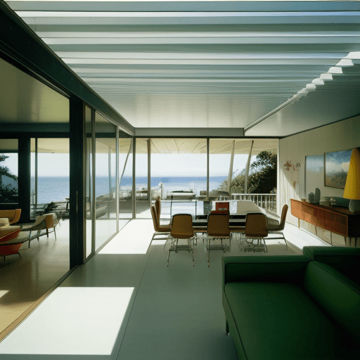 AI generated: Hyper realistic eye level exterior photo of a mid century modern style house overlooking the ocean, ...
